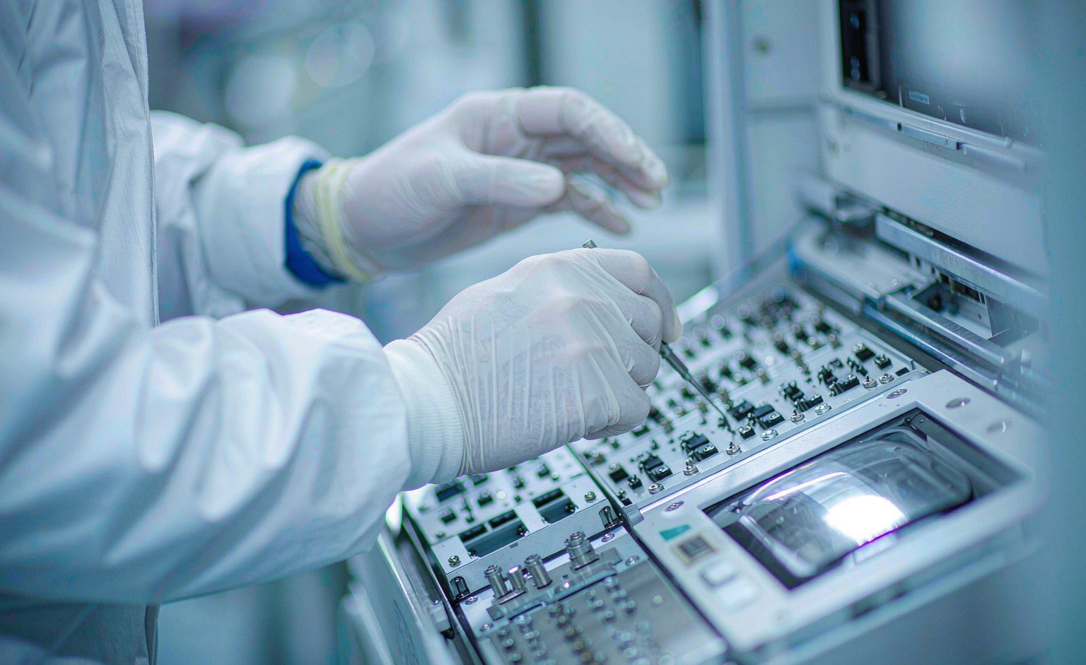 クリーンスーツ姿で装置を調整する技術者（イメージ）